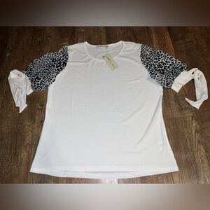 Chic White Blouse with Black Leopard Print Sleeves